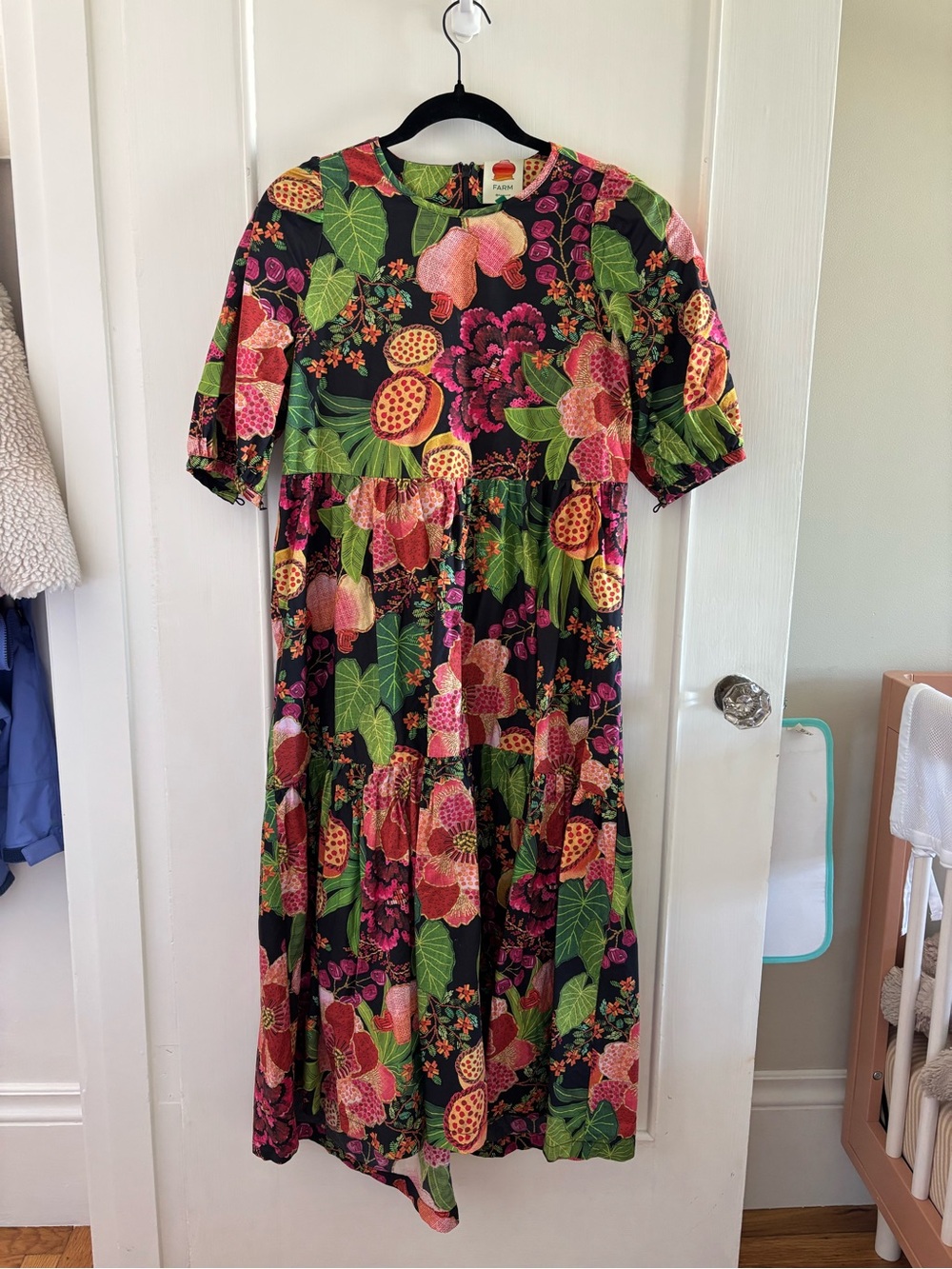 FARM Rio Black Midi Dress with Pink & Green Floral Print - Picture 1 of 3